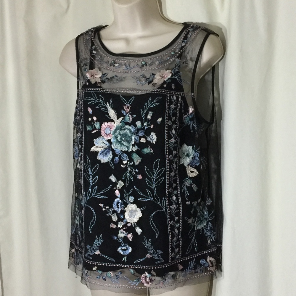 WHBM Black embroidered sheer top with tank under